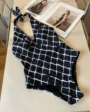 CC BIKINI SWIMSUIT SET IN WHITE CHECKERED PRINT ON BLACK BACKGROUND 624545