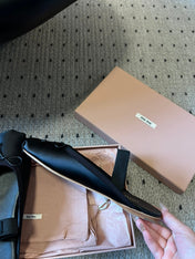MIUMIU 26S BALLET MULES IN BLACK SATIN WITH BOW