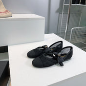 CHANEL FLAT MARY JANE SHOES 25S IN BLACK MESH FABRIC EMBOSSED LOGO WITH BOW
