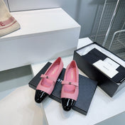 CHANEL FLAT MARY JANE SHOES 25S IN PINK LAMBSKIN MIX BLACK GLOSSY WITH BOW