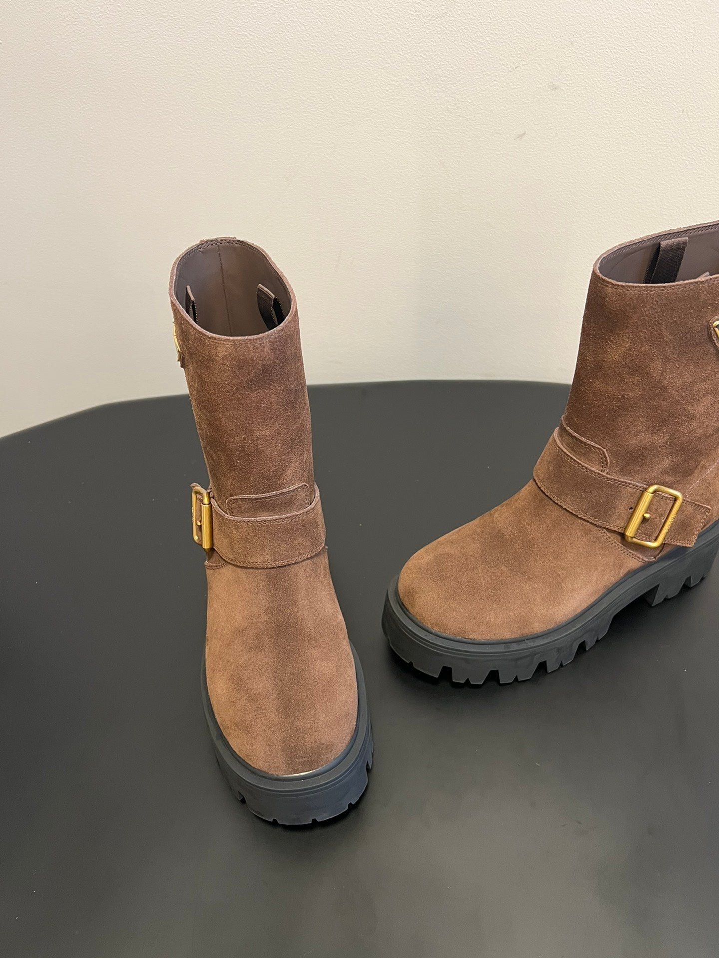 PRADA 25S PLATFORM ANKLE BOOTS IN BROWN SUEDE WITH GOLD HARDWARE