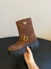 PRADA 25S PLATFORM ANKLE BOOTS IN BROWN SUEDE WITH GOLD HARDWARE