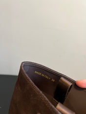 PRADA 25S HIGH-CUT PLATFORM BOOTS IN BROWN SUEDE WITH GOLD HARDWARE