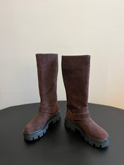 PRADA 25S HIGH-CUT PLATFORM BOOTS IN BROWN SUEDE WITH GOLD HARDWARE