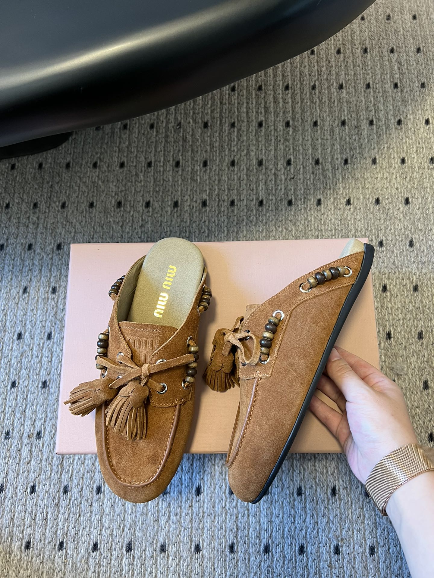 MIUMIU 26S MULES IN CARAMEL BROWN SUEDE