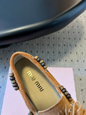 MIUMIU 26S TASSEL LOAFERS IN CARAMEL BROWN SUEDE