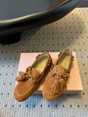 MIUMIU 26S TASSEL LOAFERS IN CARAMEL BROWN SUEDE