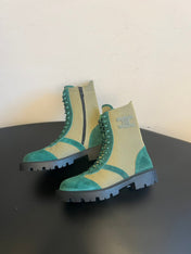 CELINE 26S LACE-UP ANKLE BOOTS IN TEAL GREEN SUEDE AND GRAYISH GREEN LAMBSKIN