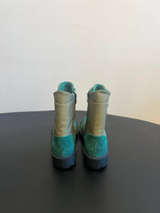 CELINE 26S LACE-UP ANKLE BOOTS IN TEAL GREEN SUEDE AND GRAYISH GREEN LAMBSKIN