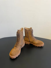 CELINE 26S LACE-UP ANKLE BOOTS IN BROWN SUEDE AND CANVAS