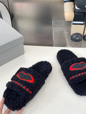 BALENCIAGA 25S FLAT SLIPPERS IN BLACK MIX RED WOOL