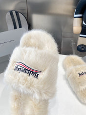 BALENCIAGA 25S FUR SLIPPERS IN LIGHT BEIGE FAUX SHEARLING