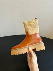 CELINE 26S ANKLE BOOTS 60 MM IN ORANGE BROWN CALFSKIN AND BEIGE WOOL