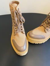 CELINE 26S BULKY LACE-UP BOOTS 45 MM IN SAND BEIGE CANVAS AND CALFSKIN