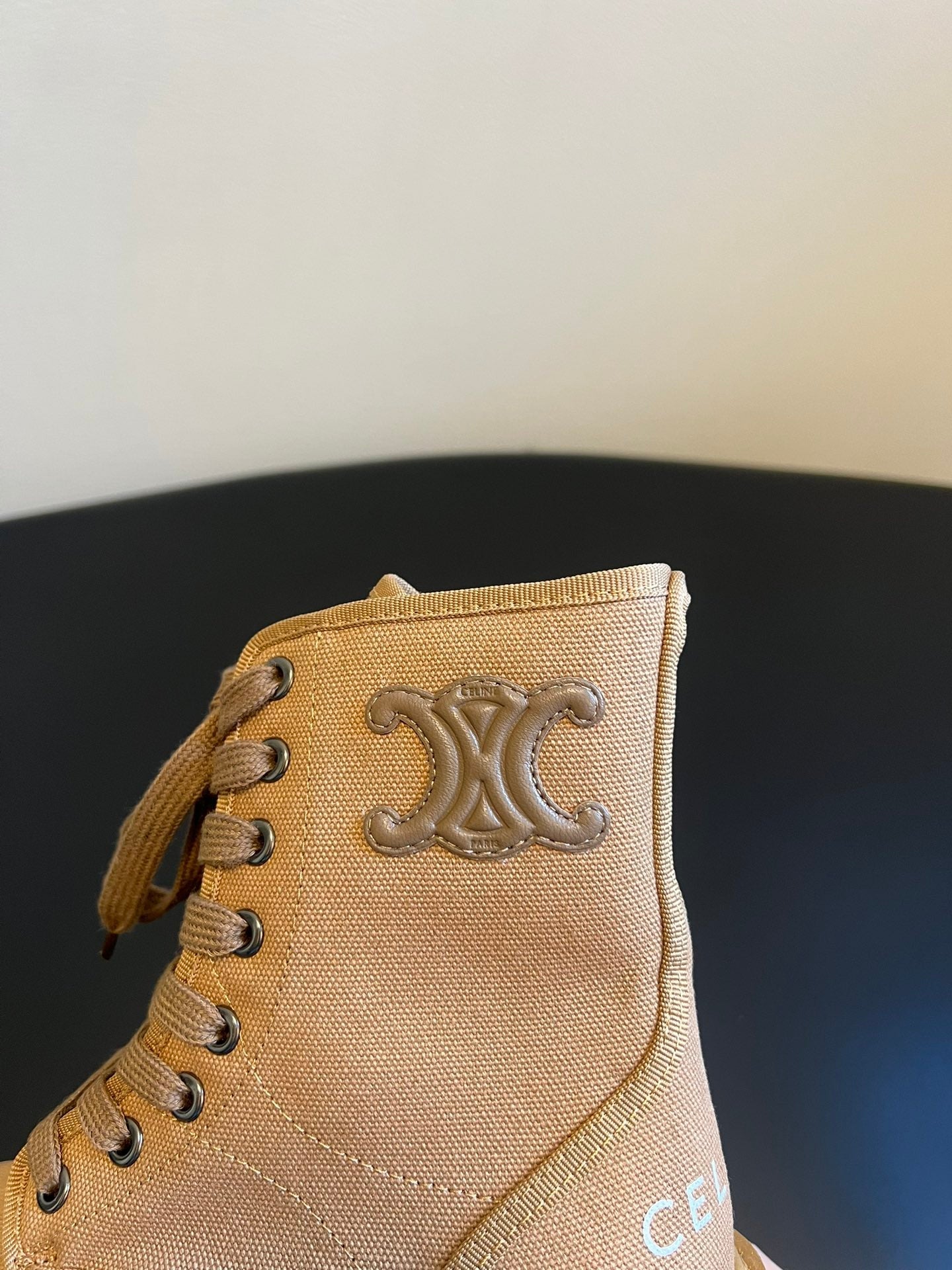 CELINE 26S BULKY LACE-UP BOOTS 45 MM IN SAND BEIGE CANVAS AND CALFSKIN