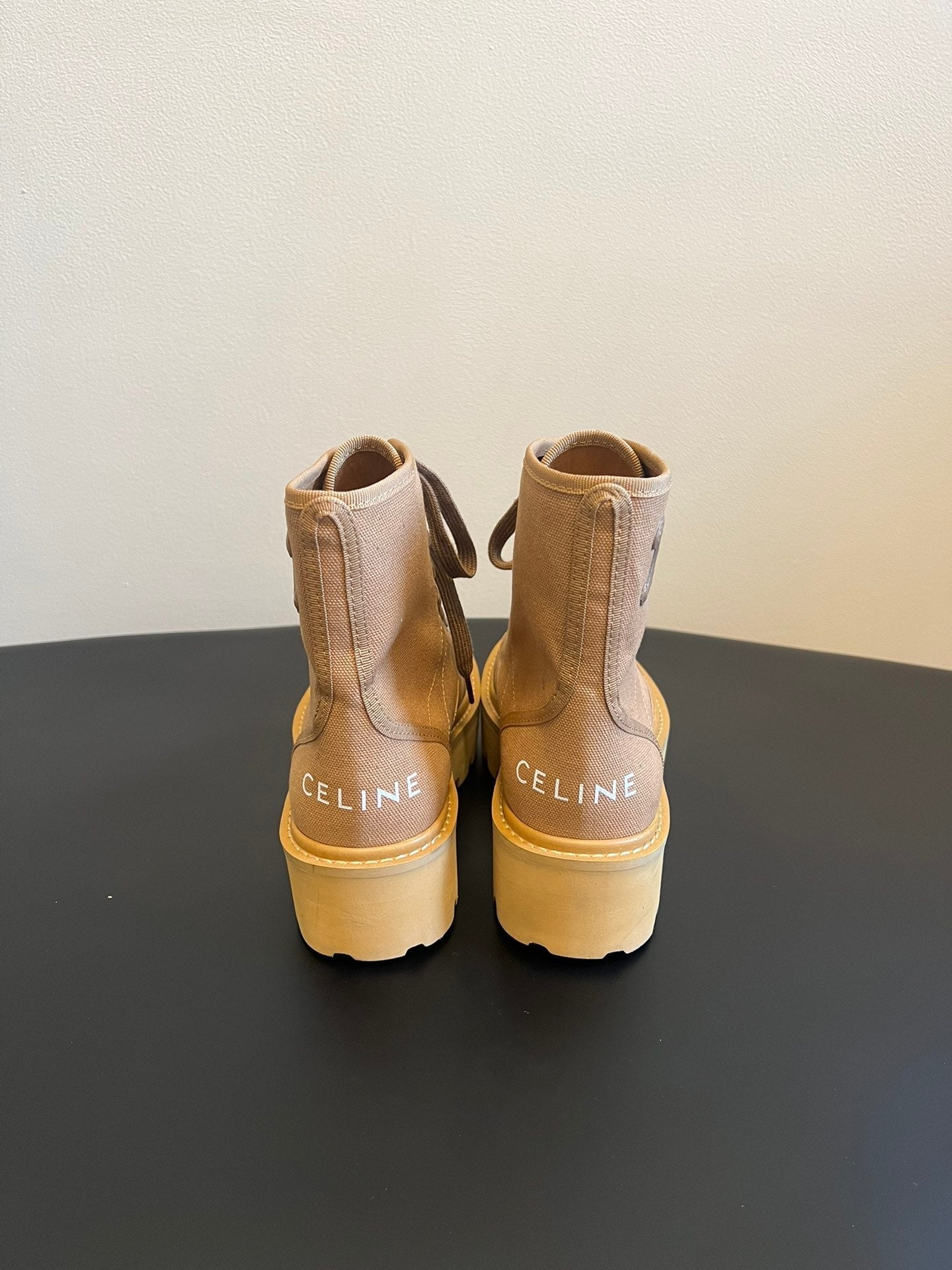 CELINE 26S BULKY LACE-UP BOOTS 45 MM IN SAND BEIGE CANVAS AND CALFSKIN