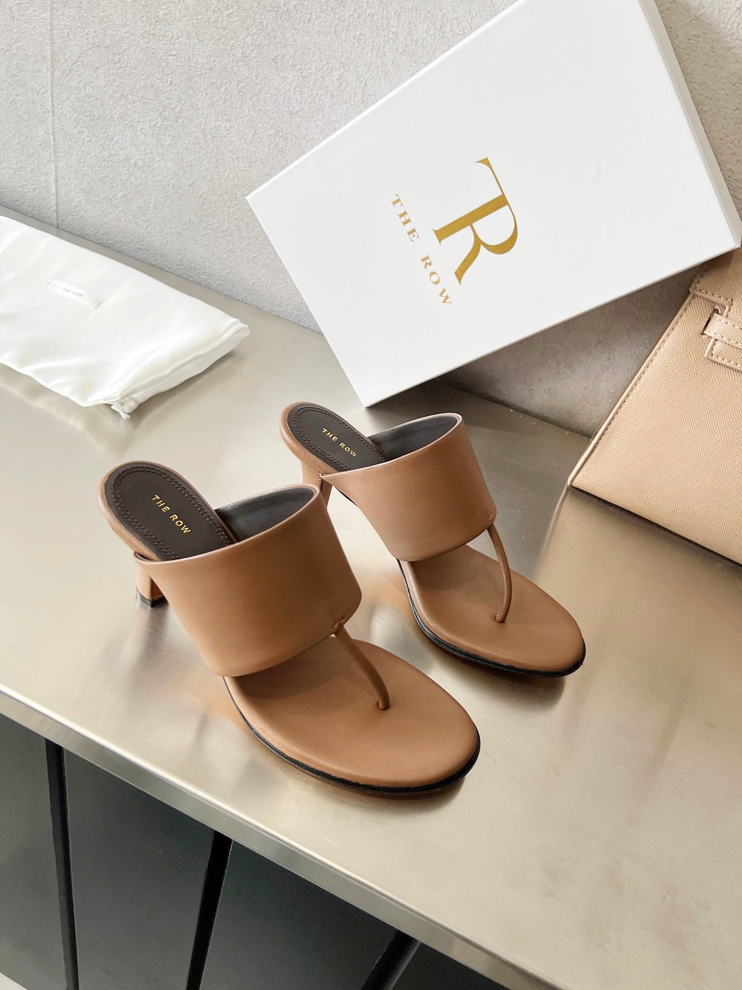 THE ROW 26S HEELED THONG MULES 60MM IN BROWN CALFSKIN