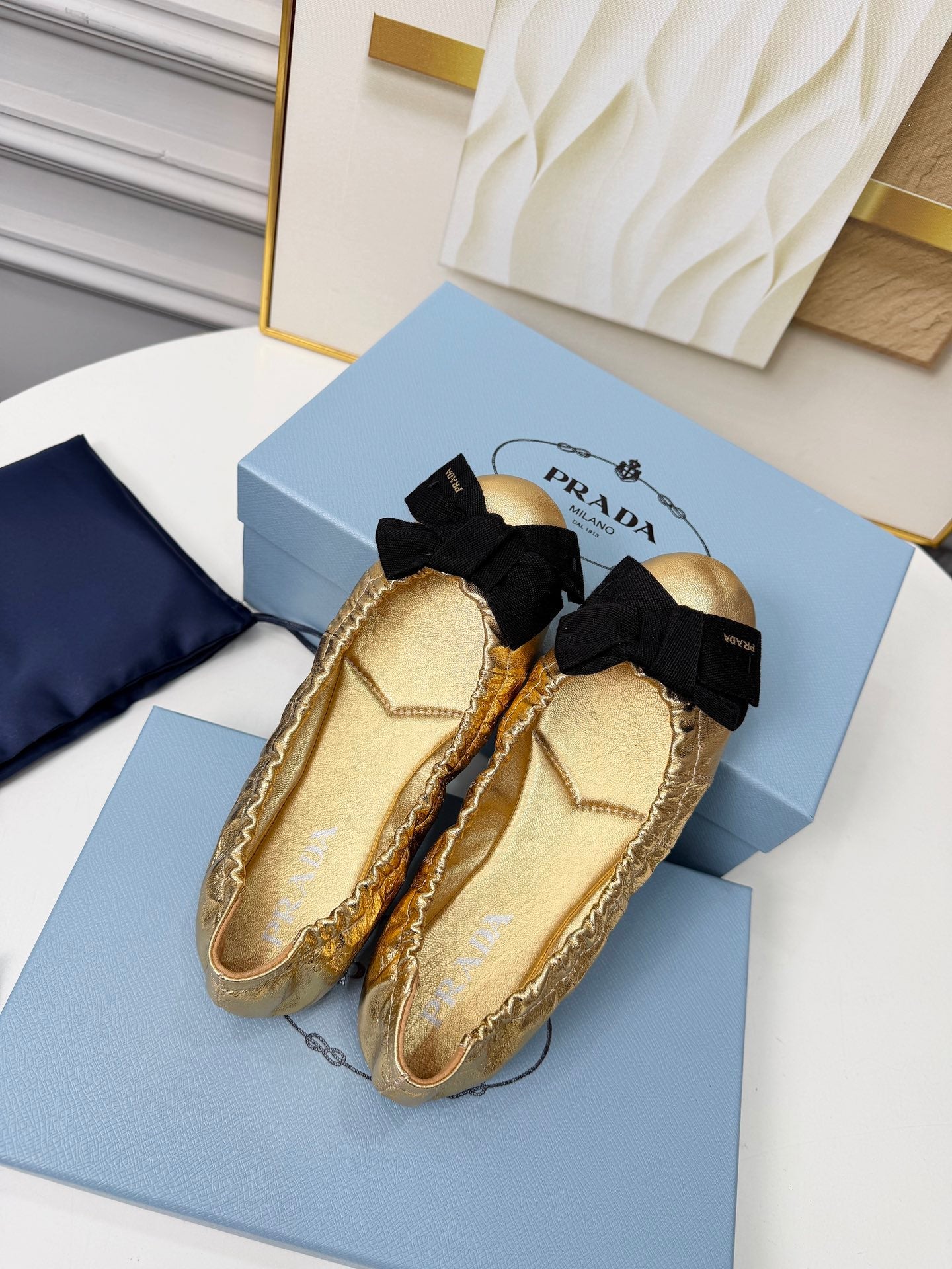 PRADA 26S BALLERINA FLATS IN GOLD CALFSKIN WITH BOW