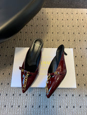 BALMAIN 26S GOLD CHAIN HIGH HEEL MULES 45 MM IN DARK RED PATENT CALFSKIN
