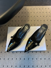 BALMAIN 26S GOLD CHAIN HIGH HEEL MULES 45 MM IN BLACK PATENT CALFSKIN