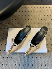 BALMAIN 26S GOLD CHAIN HIGH HEEL MULES 45 MM IN BEIGE CALFSKIN