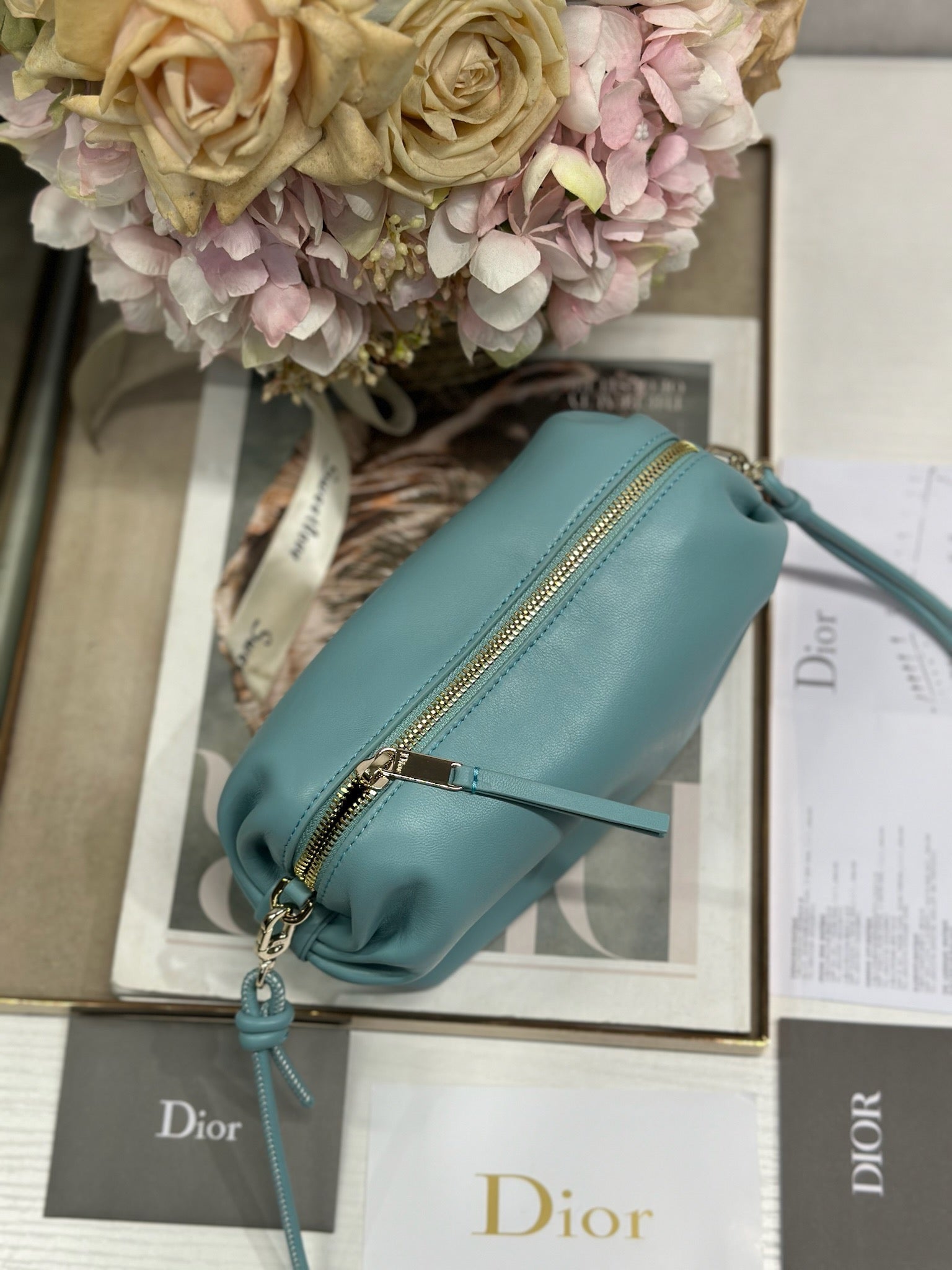 DIOR 26S BOW POUCH BAG 20 IN BLUE LAMBSKIN