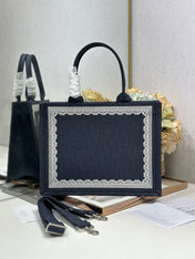 DIOR 26S BOOK TOTE BAG 36 IN BLACK AND WHITE LACE BAYADERE FABRIC