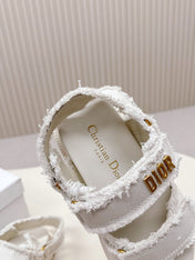 D-SANDAL IN WHITE CANVAS GOLD HARDWARE