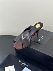 YSL 26S THONG HIGHHEEL SANDAL IN BURGUNDY PATENT LEATHER