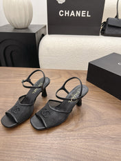 CHANEL 26S CC LOGO SLINGBACK SANDALS IN BLACK CANVAS