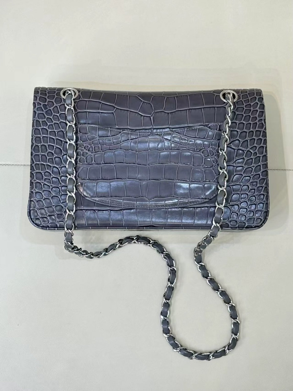 CHANEL 26S CLASSIC FLAP BAG IN DARK BLUE CROCODILE-EMBOSSED MATERIAL