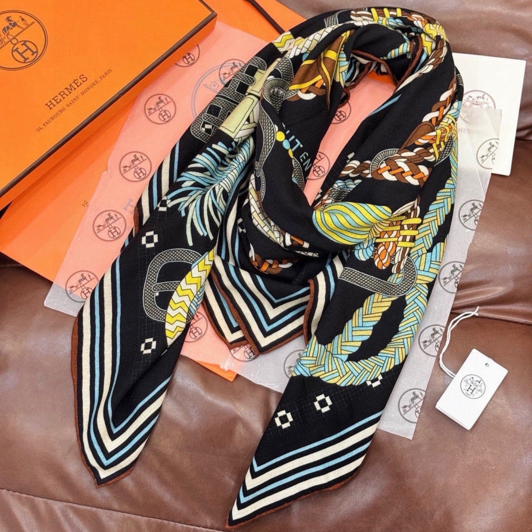 HERMES 26S PRINTED SQUARE SCARF 135 IN CASHMERE AND SILK 307244