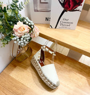 WHITE LEATHER ROCKSTUD ESPADRILLES ANKLE STRAP FLATS