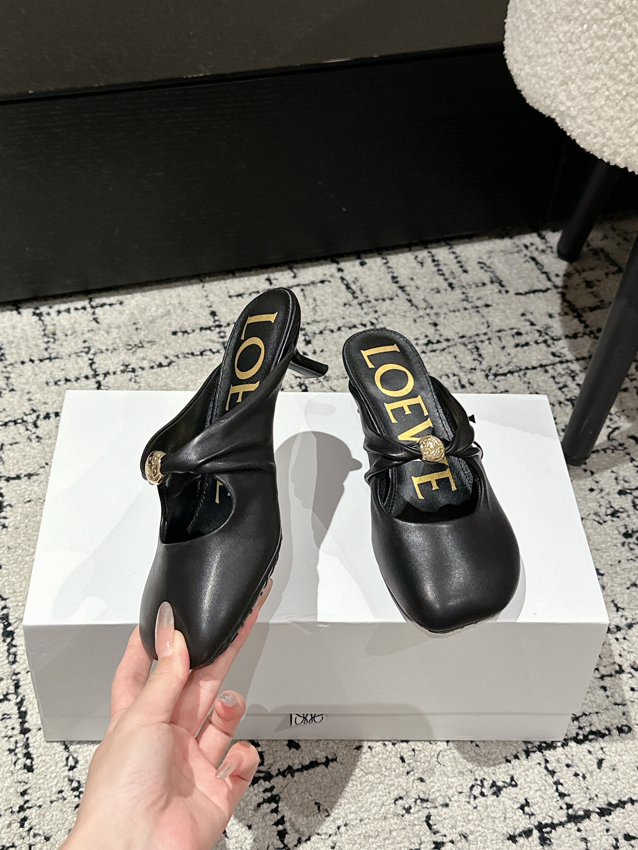 LOEWE 26S HIGH-HEELED MULES IN BLACK CALFSKIN