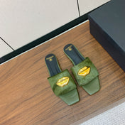BALMAIN 26S LIP-EMBELLISHED SLIDES IN OLIVE GREEN PONY HAIR WITH GOLD HARDWARE
