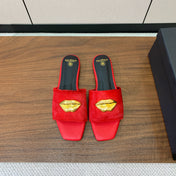 BALMAIN 26S LIP-EMBELLISHED SLIDES IN RED PONY HAIR WITH GOLD HARDWARE