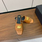 BALMAIN 26S LIP-EMBELLISHED SLIDES IN LIGHT BROWN PONY HAIR WITH GOLD HARDWARE