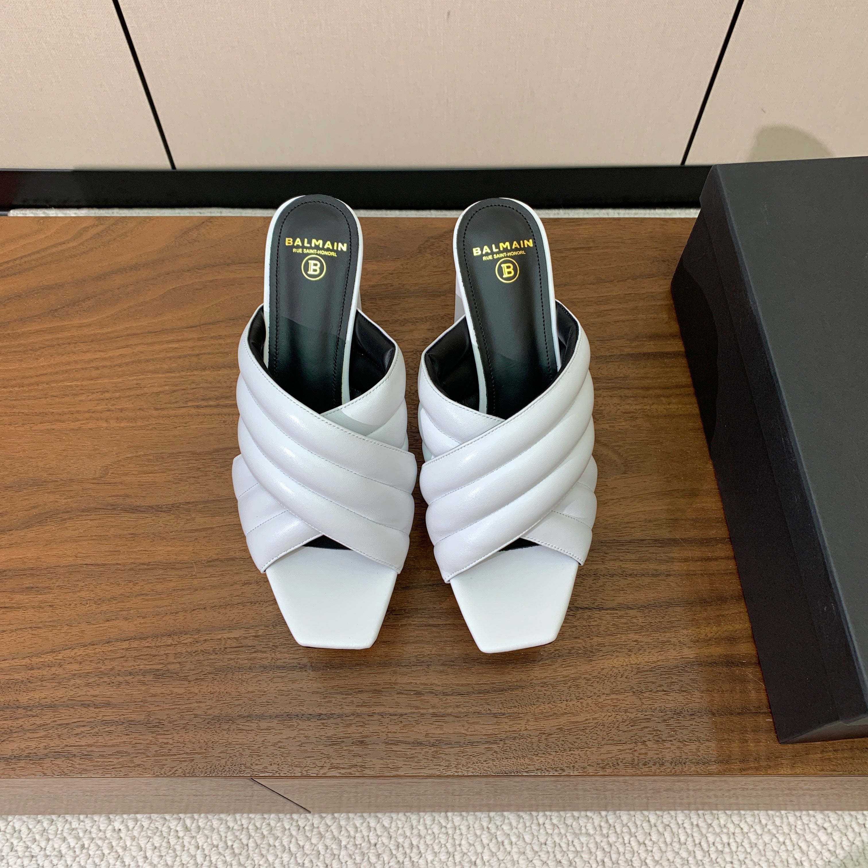 BALMAIN 26S QUILTED PLATFORM MULES 105 MM IN WHITE CALFSKIN