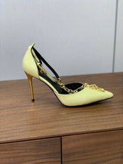 BALMAIN 26S CHAIN HIGH HEELS 95 MM IN PASTEL YELLOW PATENT CALFSKIN