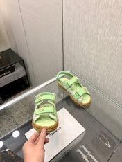 VELCRO SANDALS IN GREEN PASTEL LAMBSKIN AND TWEED FABRIC
