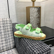 VELCRO SANDALS IN GREEN PASTEL LAMBSKIN AND TWEED FABRIC