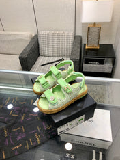 VELCRO SANDALS IN GREEN PASTEL LAMBSKIN AND TWEED FABRIC