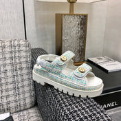 DAD SANDAL IN WHITE MIX PERSIAN GREEN TWEED FABRIC