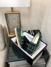ESPADRILLE FOREST GREEN TWEED FABRIC AND BLACK CALFSKIN FLATS