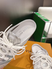 LV 26S MULE SNEAKERS IN SILVER LAMBSKIN AND BEIGE SUEDE