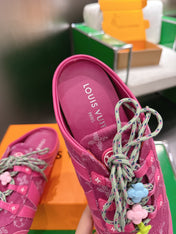 LV 26S MULE SNEAKERS IN DARK PINK DENIM AND SUEDE WITH FLOWER CHARM