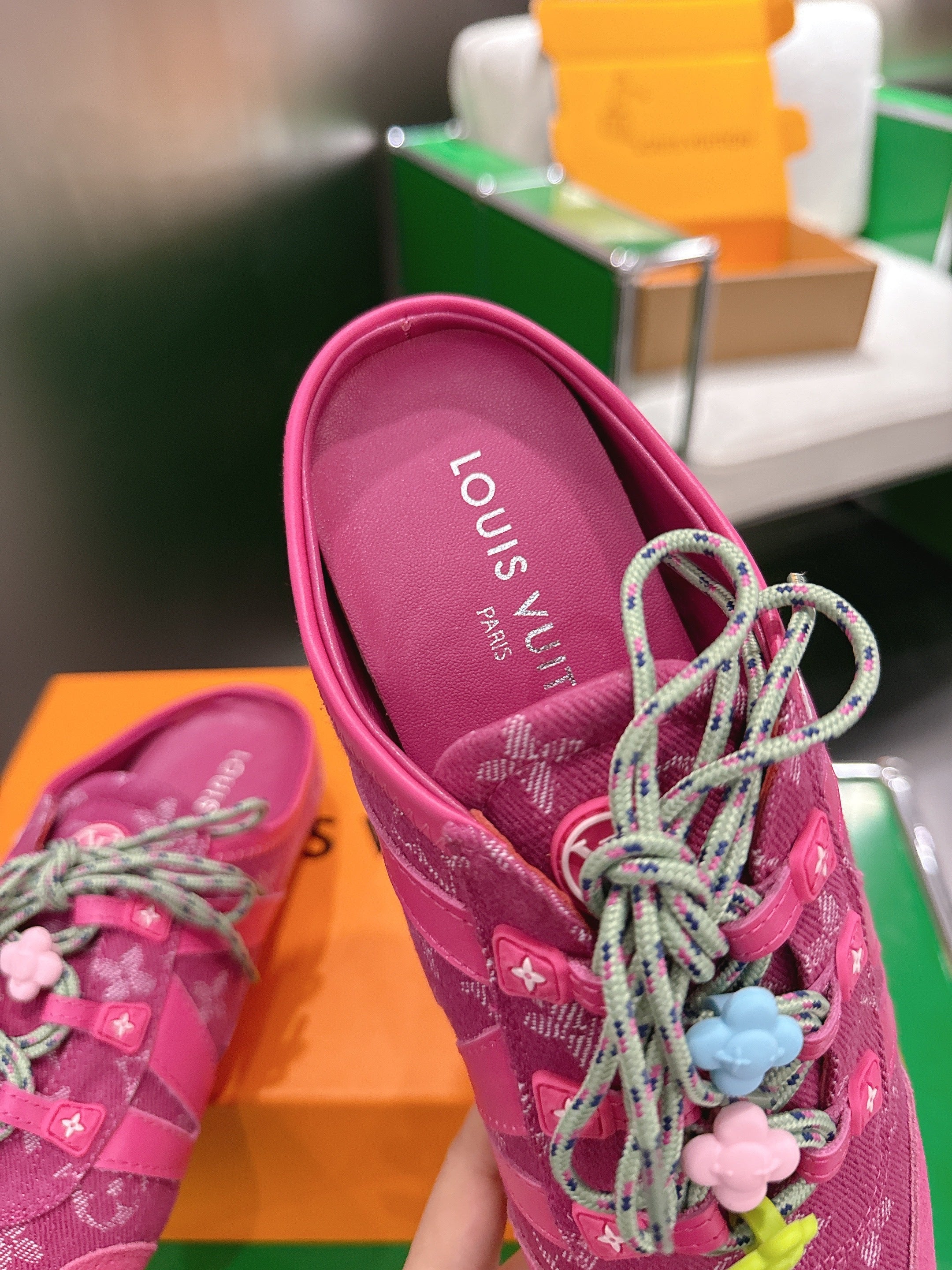 LV 26S MULE SNEAKERS IN DARK PINK DENIM AND SUEDE WITH FLOWER CHARM