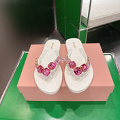 MIUMIU 26S THONG SANDALS IN WHITE EVA PINK CRYSTAL-EMBELLISHED