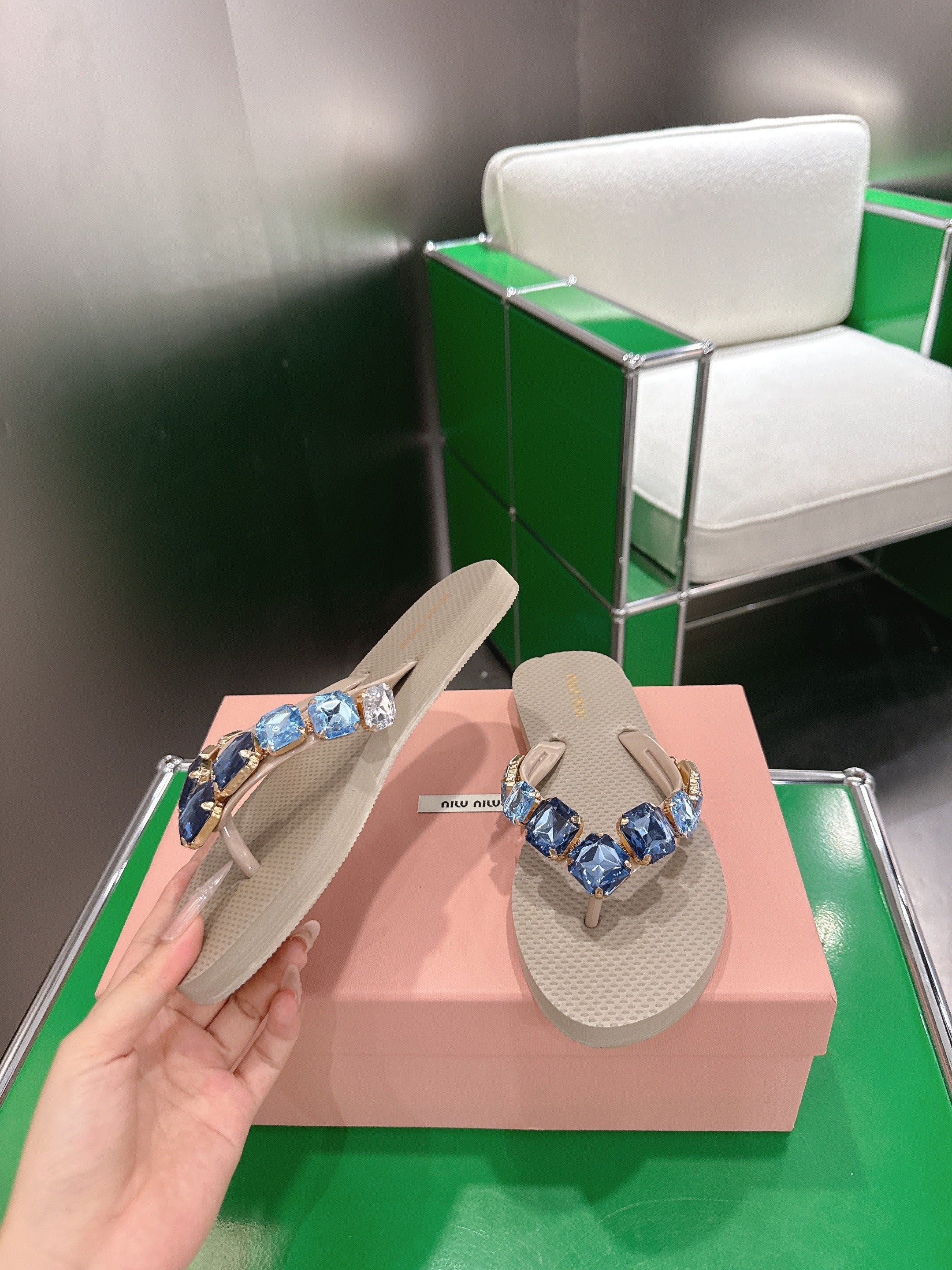 MIUMIU 26S THONG SANDALS IN BEIGE EVA CRYSTAL-EMBELLISHED