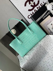 CHANEL 26S CERF TOTE BAG 39 IN MINT GREEN CALFSKIN CROCODILE EMBOSSED GOLD HARDWARE